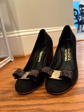 Ferragamo Black Suede Block Heel Pumps with Embellished Heel